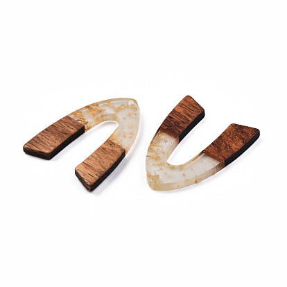 Transparent Resin & Walnut Wood Pendants, with Foil, V Shape Charm