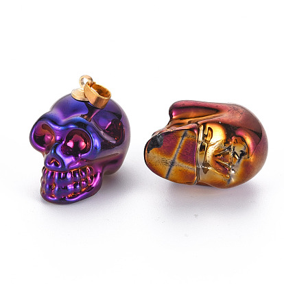 Electroplate K9 Glass Pendants, with Golden Plated Brass Bails, Skull, Halloween