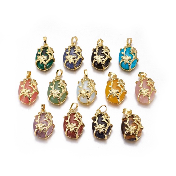 Gemstone Pendants, with Golden Tone Brass Findings, Oval with Flower