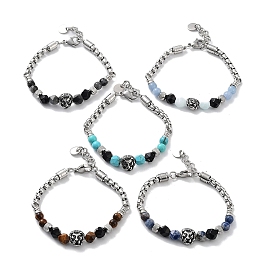 Lion Head Mixed Gemstone Beaded Bracelets with 201 Stainless Steel Lobster Claw Clasps