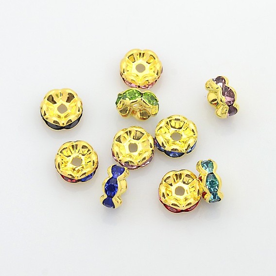 Brass Rhinestone Spacer Beads, Grade AAA, Wavy Edge, Nickel Free, Golden Metal Color, Rondelle, 8x3.8mm, Hole: 1.5mm