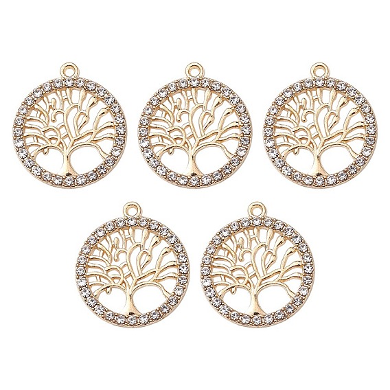 Alloy Crystal Rhinestone Pendants, Flat Round with Tree Charms, Nickel