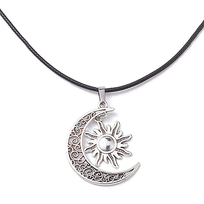 Tibetan Style Alloy Moon & Sun Pendant Necklace with Waxed Cords