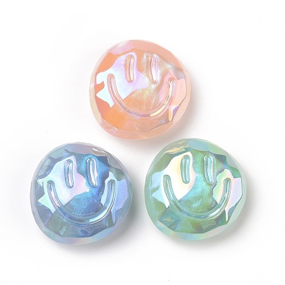 Perles acryliques placage irisé arc-en-ciel, perles de paillettes, plat rond avec motif de visage souriant