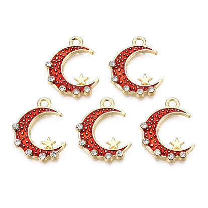Alloy Enamel Pendants, with Crystal Rhinestone, Light Gold, Moon with Star