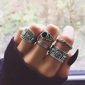 Bohemian Style Joint Ring Set with Black Gemstone - European and American Totem