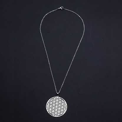 201 Stainless Steel Pendant Necklaces, with Cable Chains and Lobster Claw Clasps, Flower of Life