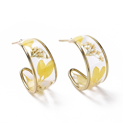 Цветок из эпоксидной смолы с серьгами-гвоздиками в виде листьев, золотые латунные серьги-кольца для женщин