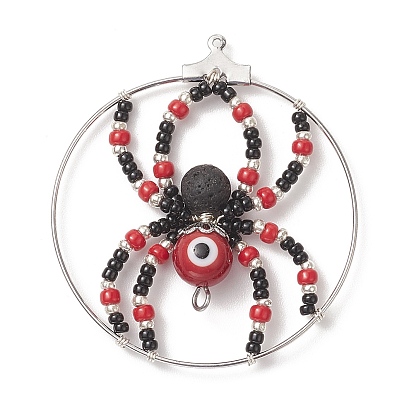 Brass Pendants, with Glass Seed & Evil Eye Lampwork & Natural Lava Rock Beads, Ring with Spider Charms