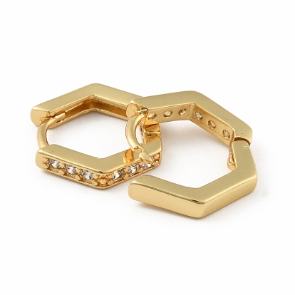 Clear Cubic Zirconia Hexagon Hoop Earrings, Brass Jewelry for Women