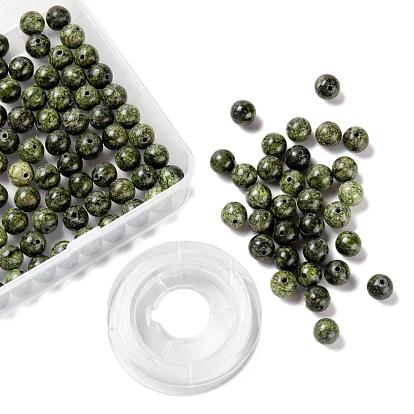100 pcs 8 mm perles rondes en pierre de serpentine naturelle/dentelle verte, avec fil de cristal élastique 10m, pour les kits de fabrication de bracelets extensibles bricolage