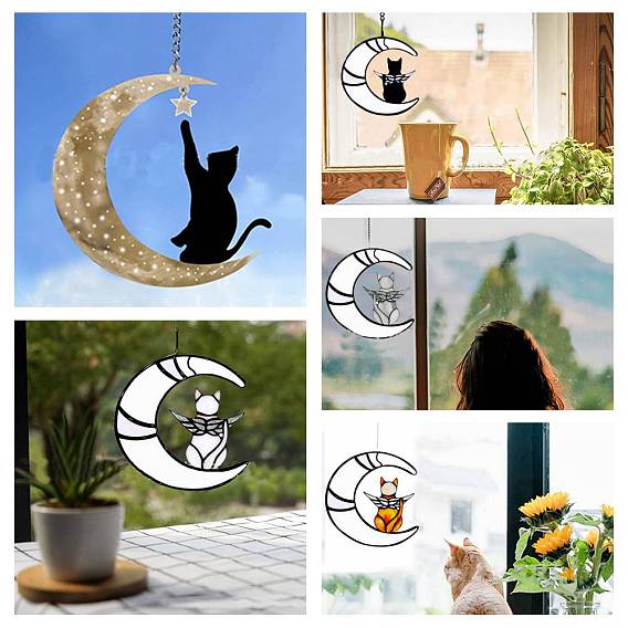 Acrylic Moon and Angel Cat Pendant Decoration, with Chain, for Home Wall Window Decoration Accessories