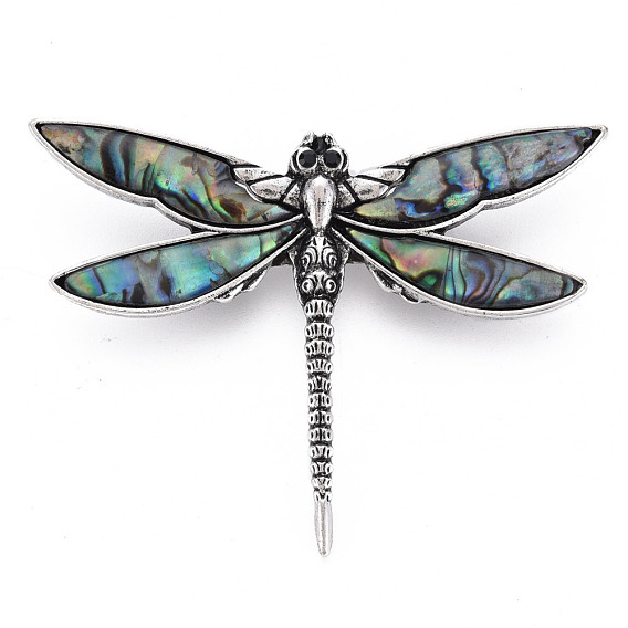 Abalone Shell/Paua Shell Brooches/Pendants, with Resin Bottom and Alloy Findings, Dragonfly
