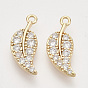 Brass Micro Pave Clear Cubic Zirconia Pendants, Nickel Free, Leaf