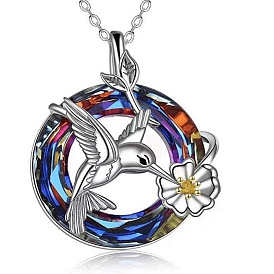 Bird with Flower Alloy Enamel Pendant Necklace, with Stainless Steel Cable Chains
