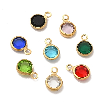304 Stainless Steel with Glass Charms, Faceted Flat Round