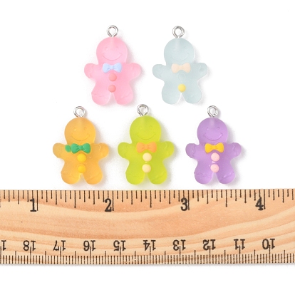 20Pcs 5 Colors Christmas Transparent Resin Pendants, Frosted, with Platinum Tone Iron Loops, Gingerbread Man Charm