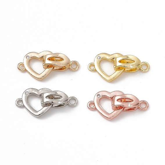 Rack Plating Brass Pave Clear Cubic Zirconia Fold Over Clasps, Long-Lasting Plated, Heart