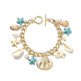 Bracelet à breloques en coquillage naturel, perles de coquillage et étoile de mer turquoise synthétique, avec chaînes gourmettes en aluminium