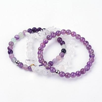 Natural Mixed Gemstone Stretch Bracelets, with Stainless Steel Beads, Cardboard Jewelry Box Packing