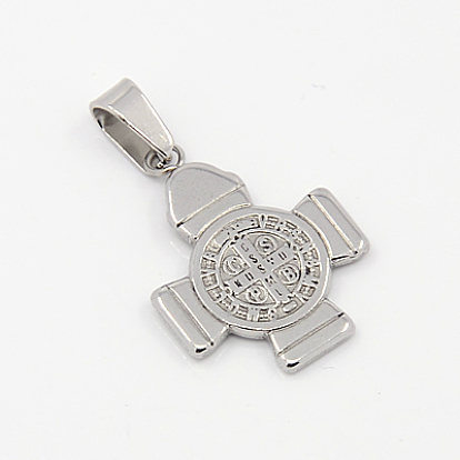 Fashionable 304 Stainless Steel Pendants, Cross with San Benito, 24x17.5x1.5mm, Hole: 3x6mm