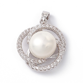 Natural Cultured Freshwater Pearl Pendants, with Brass Micro Pave Cubic Zirconia Findings, Platinum, Flower
