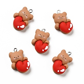 Opaque Resin Pendants, Bear with Heart Charm, with Platinum Tone Iron Loops