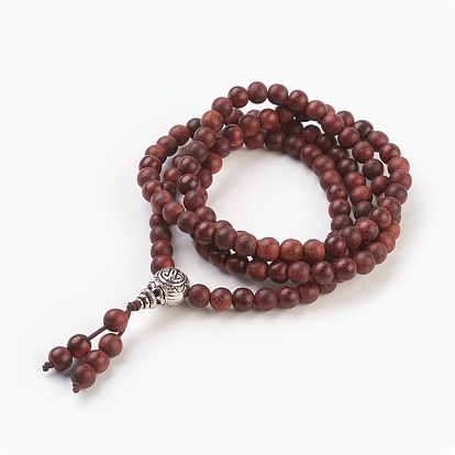 Four Loops Natural Sandalwood Beads Stretch Wrap Bracelets, with Tibetan Style Alloy Guru Bead Sets, with Burlap Paking Pouches Drawstring Bags