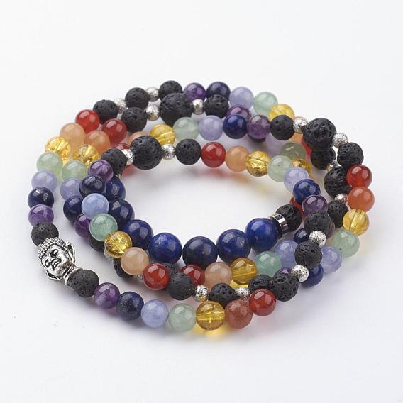 Natural Mixed Gemstone Beaded Wrap Bracelets, 4-Loop, with Alloy Beads and Brass Textured Beads