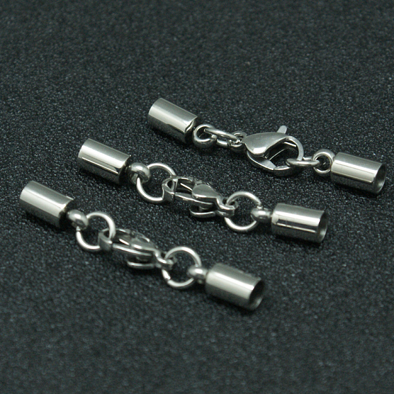 304 Stainless Steel Lobster Claw Clasps, with Tube Cord Ends, 33mm, Hole: 3mm