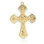 Plaqué or croix latine alliage strass gros pendentifs, 65x46x5mm, Trou: 3mm