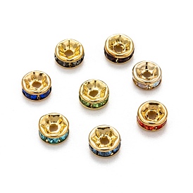 Brass Rhinestone Spacer Beads, for Jewelry Craft Making Findings, Grade A, Straight Flange, Golden Metal Color, Rondelle