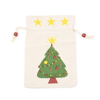 Christmas Theme Cotton Fabric Cloth Bag, Drawstring Bags, for Christmas Party Snack Gift Ornaments