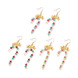 3 Pairs 3 Style Glass Christmas Candy Cane with Alloy Bowknot Dangle Earrings, Gold Plated Brass Jewelry for Women