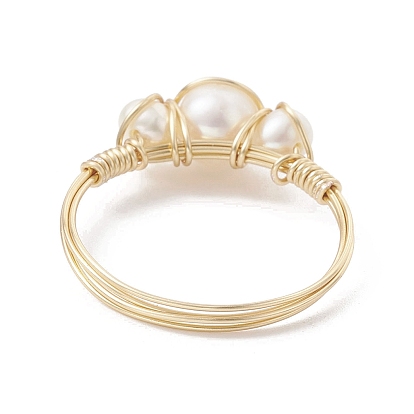 Copper Wire Wrapped Natural Cultured Freshwater Pearl Open Ring, Cuff Finger Ring for Women