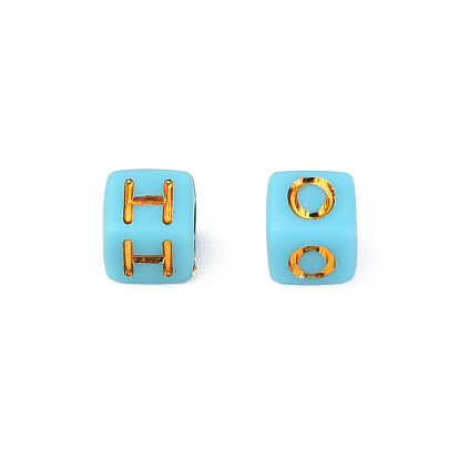Plating Acrylic Beads, Golden Metal Enlaced, Horizontal Hole, Cube with Letter