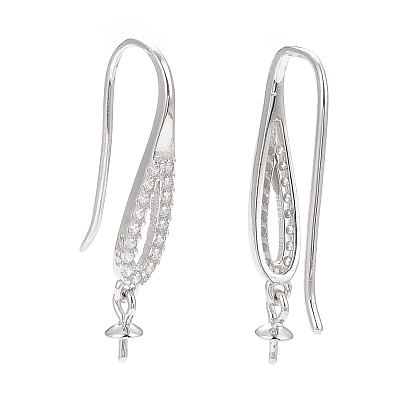 925 Sterling Silver Earring Hooks, with Clear Cubic Zirconia, Teardrop, for Half Drilled Beads