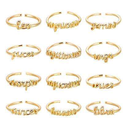 12Pcs 12 Style Brass Cuff Rings, Open Rings, Constellation Word