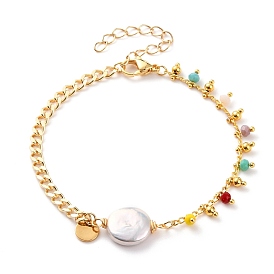 Bracelets à maillons en perles de keshi en perles baroques naturelles, avec des chaînes en laiton de trottoir, Des billes de verre, 304 fermoirs pinces de homard en acier inoxydable et breloques rondes plates, colorées