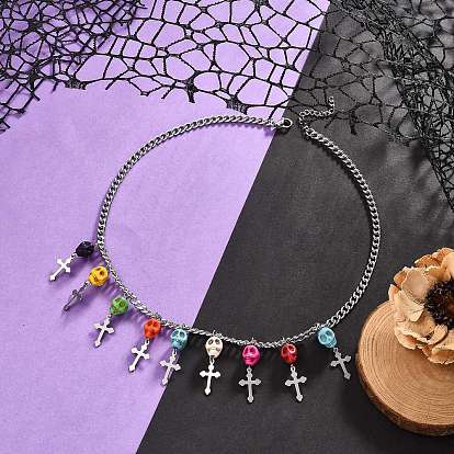 Tête de mort turquoise synthétique teint avec collier plastron croisé, 304 bijoux en acier inoxydable pour halloween