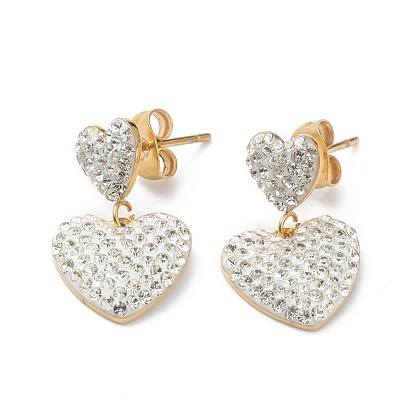 Heart Ion Plating(IP) 304 Stainless Steel Stud Earrings, with Rhinestone, Golden