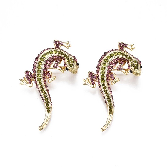Broche de aleación gecko con diamantes de imitación, 3 pin de solapa animal d para ropa de mochila, libre y sin plomo níquel, dorada luz