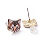 Real 14K Gold Plated Alloy Kitten Stud Earrings, with Enamel and Environment Stainless Steel Pin, Printed, Cat Pattern