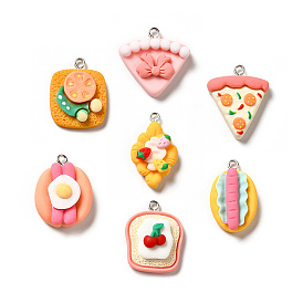 Opaque Resin Pendants, with Platinum Tone Iron Loops, Imitation Food Charm, Cookie/Pizza/Croissant/Hot Dog/Bread/Cake