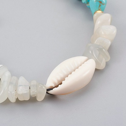 Bracelets en perles tressées avec pierres précieuses et pierre de lune blanche, avec cauris