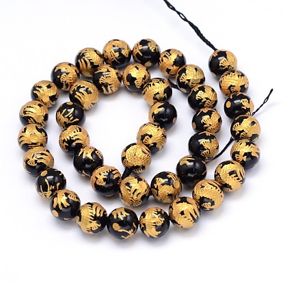 Round Natural Black Agate Beads Strands, with Carved Dragon Pattern, for Buddha Jewelry Making, Dyed & Heated