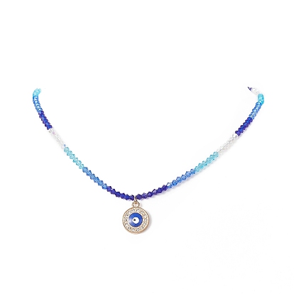 Alloy Enamel Evil Eye Pendant Necklace with Crystal Rhinestone, Glass Beaded Necklace for Women