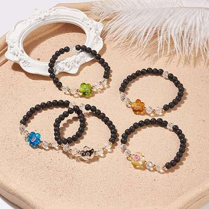 Natural Lava Rock & Lampwork Flower Beaded Stretch Bracelet, Essential Oil Gemstone Jewelry for Women