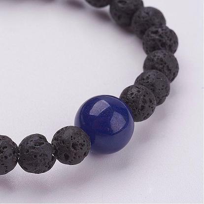 Bracelets extensibles perlés en pierre de lave naturelle, avec des perles naturelles de pierres précieuses