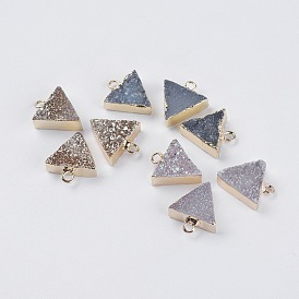 Natural Druzy Agate Charms, Rainbow Plated, with Golden Plated Brass Findings, Triangle
